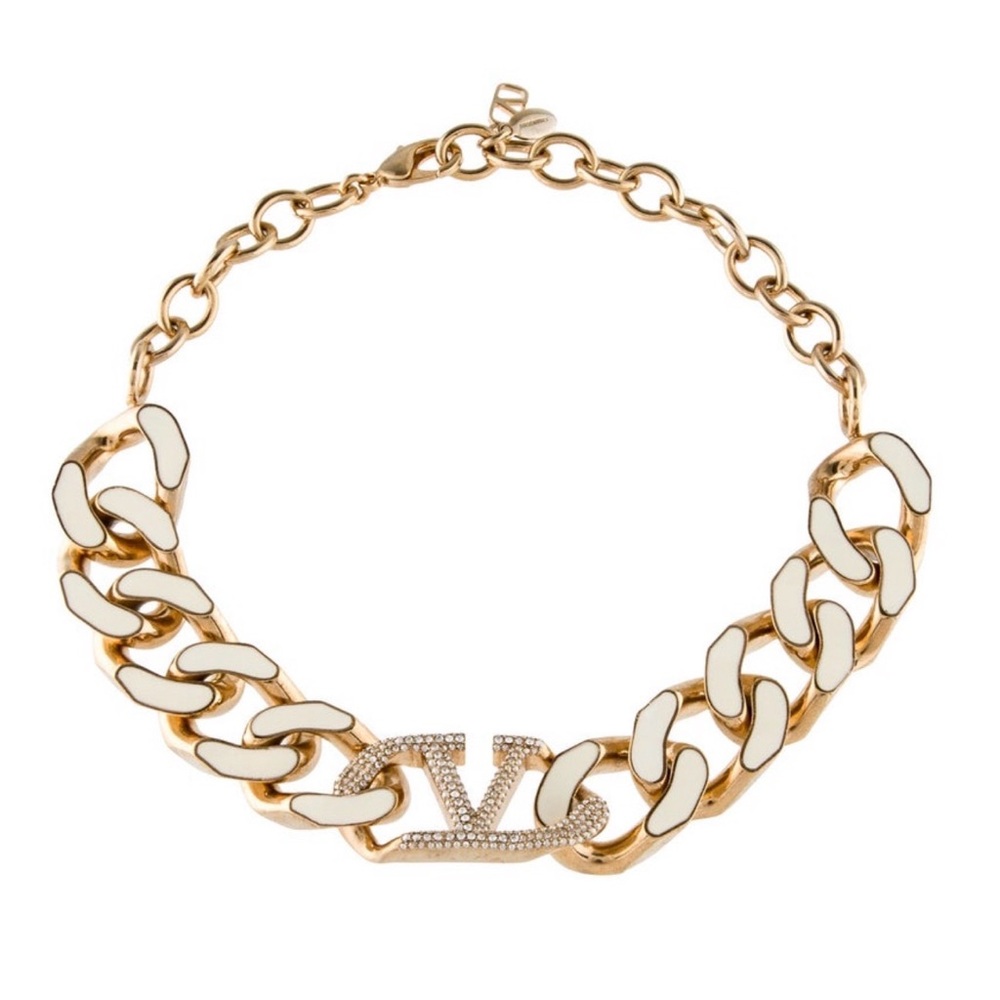 Valentino Gold and White V logo Chain Necklace with Crystal Accents